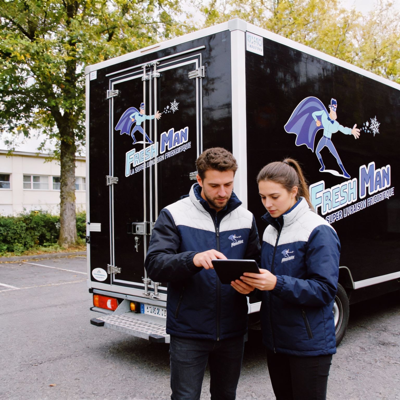 2 employés de Fresh Man en train de planifier une tournée de livraison frigorifique.